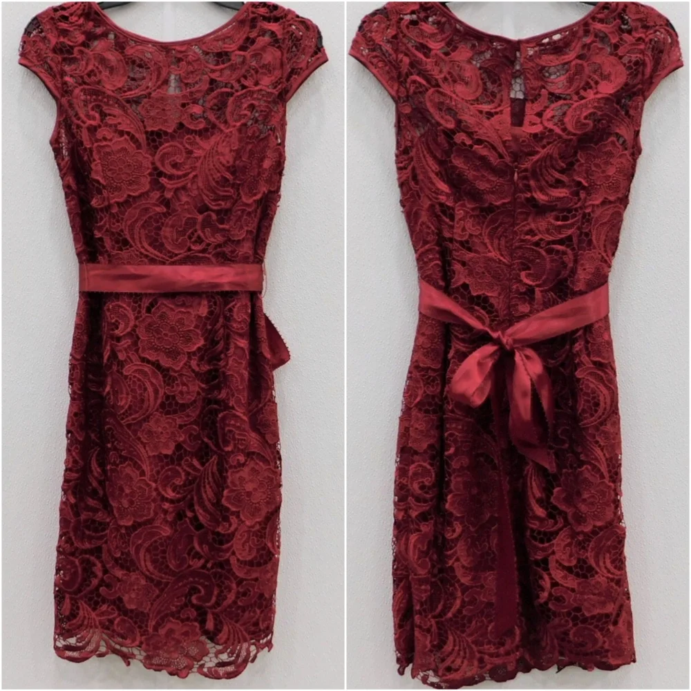 Adrianna Papell Rose Red Lace Illusion Party Dress XS - Picture 3 of 13
